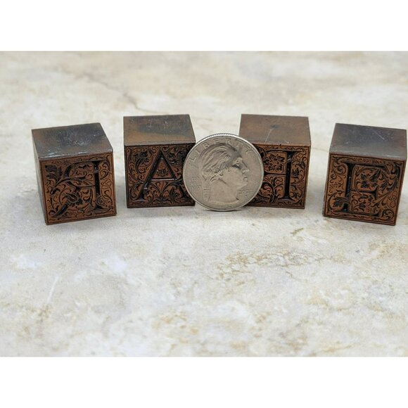 Antique Copper Capital Letter B A R E Printing Block Set of 4 Blocks Art Nouveau - Picture 8 of 8